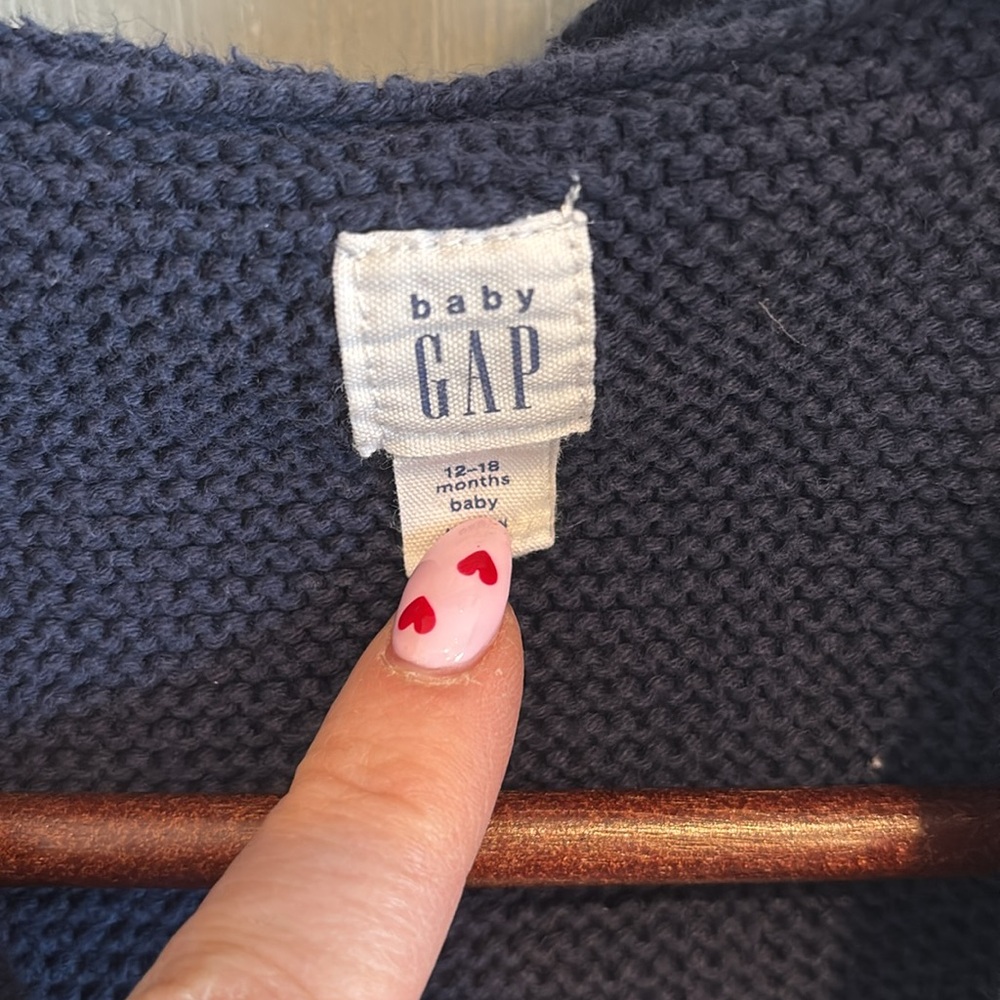 Baby Gap Navy Blue knit cardigan with bear ear hoodie & matching baby knit hat. - Picture 2 of 7